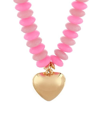 Puffy Gold Heart & Chunky Pink Beaded Statement Necklace