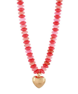 Coral & Gold Beaded Puffy Heart Statement Necklace