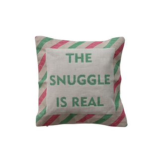 A red cotton square pillow with embroidery and stripes, measuring 14 inches by 14 inches.