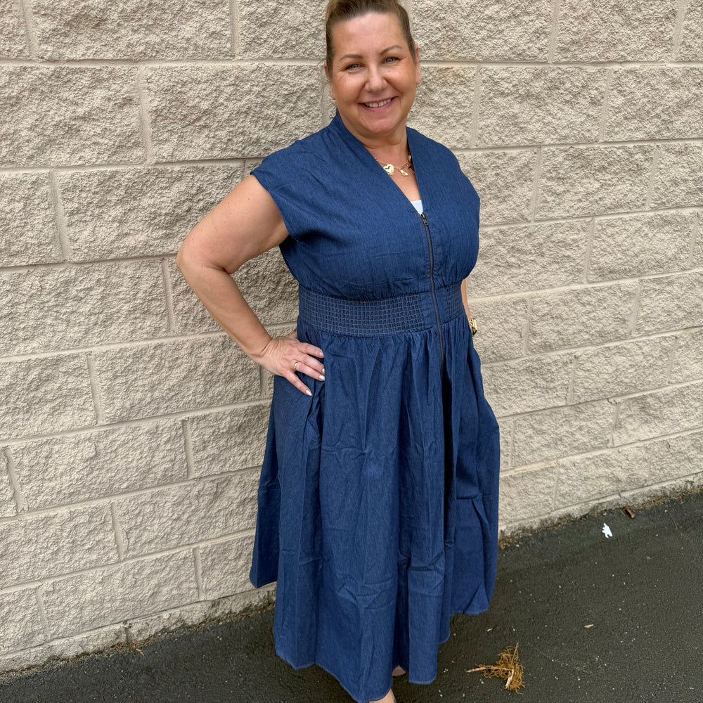 Smocked Waist Zip-Front Midi Dress - Dress