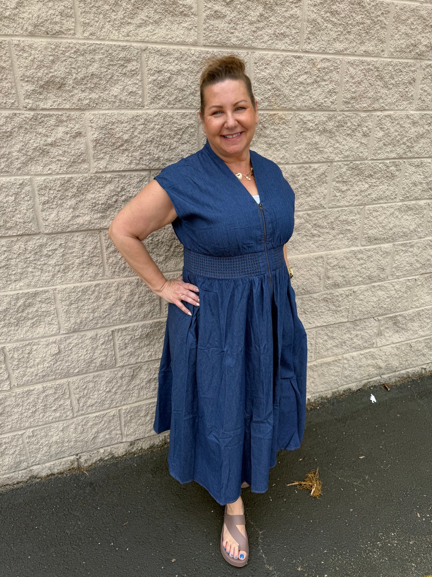 Smocked Waist Zip-Front Midi Dress - Dress