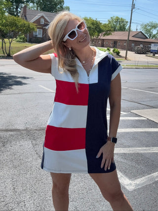 Patriotic Colorblock Zip-Up T-Shirt Dress