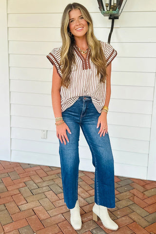 Khaki Stripe Ruffled Blouse