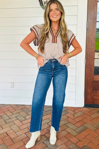 Khaki Stripe Ruffled Blouse