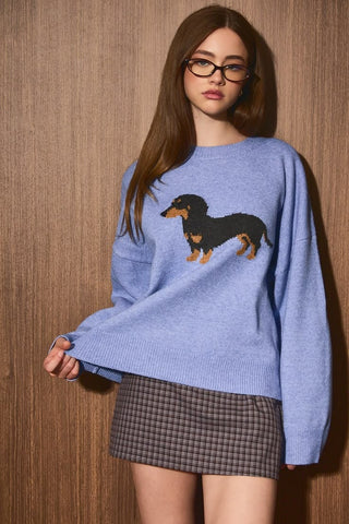 Sky Blue Dachshund Graphic Oversized Knit Sweater