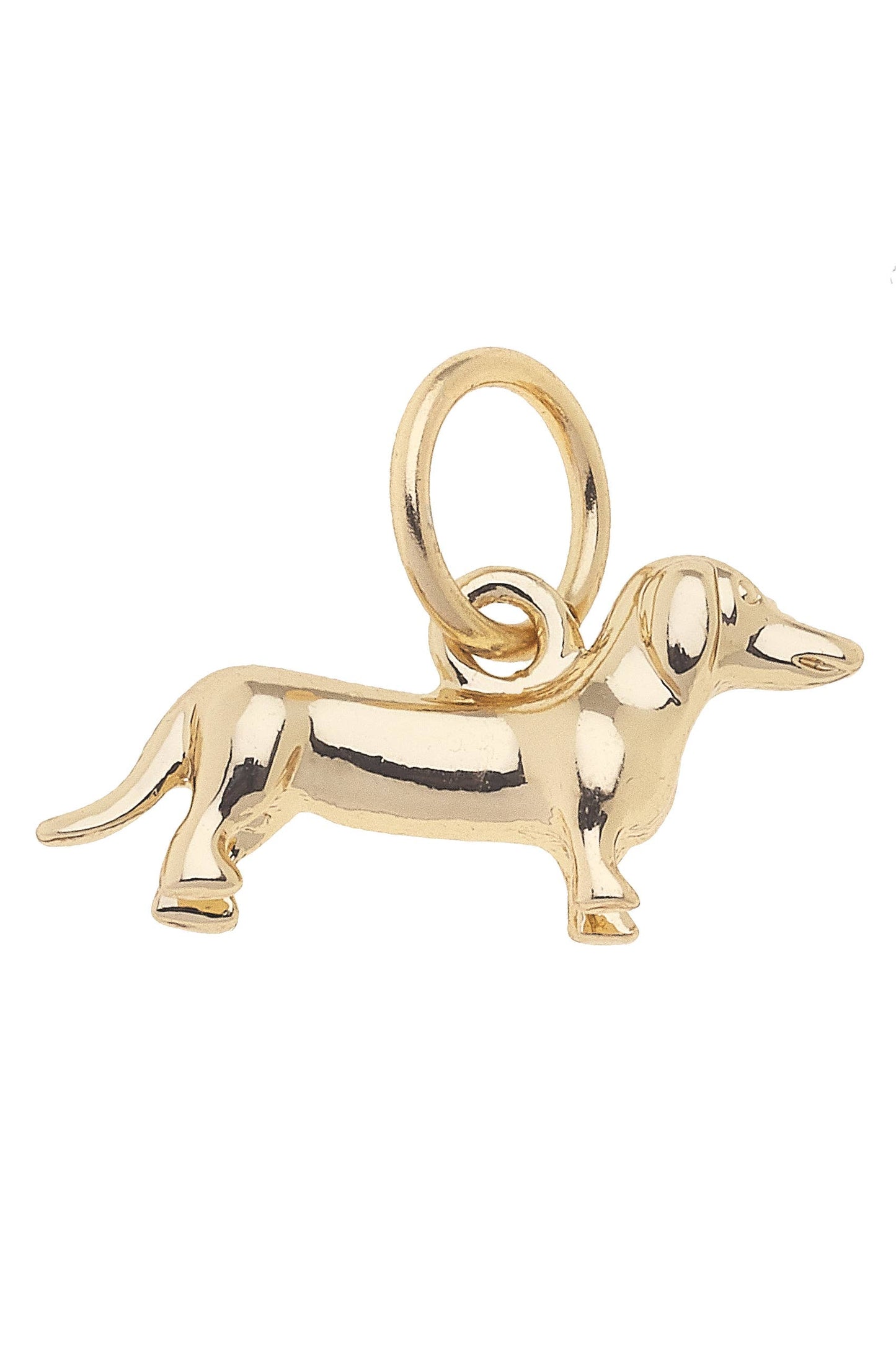Gold dachshund dog charm with shiny finish, perfect for dog lovers and charm necklaces.