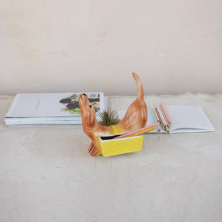 Vintage-Inspired Stoneware Dachshund Planter & Dual-Section Catch-all