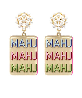 Mahjong Printed Acetate Drop Earrings, Gold Multicolor