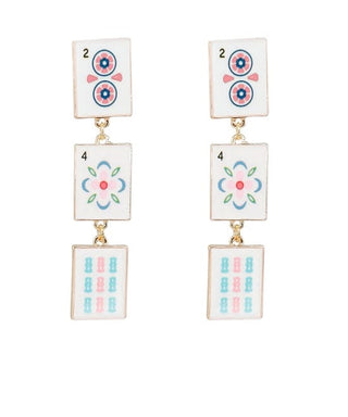 Linear Mahjong Tile Drop Earrings, White and Gold
