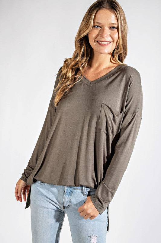 Plus Size High-Low Long Sleeve V-Neck Top with Pocket and Side Slit