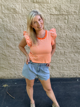 Game Day Glam: Orange Striped Ruffle Sleeve Knit Top