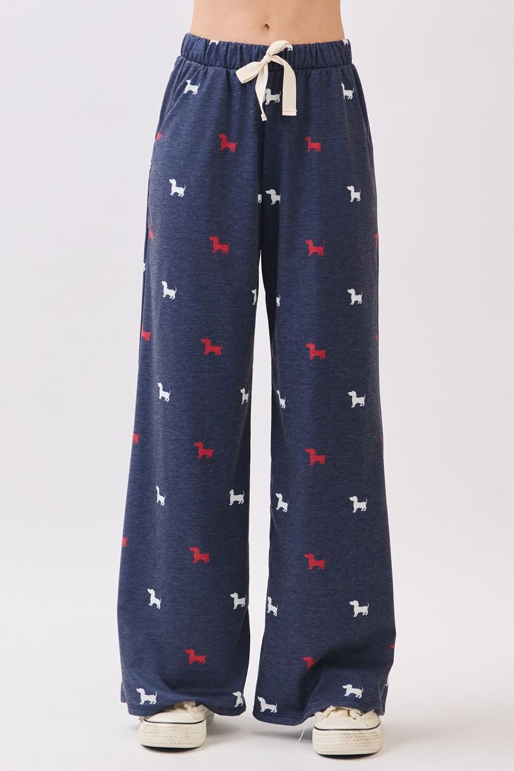 Patriotic dachshund print wide-leg lounge pants with elastic waistband