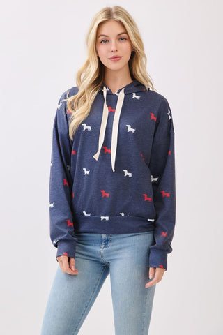Patriotic dachshund print hoodie with drawstrings and relaxed fit