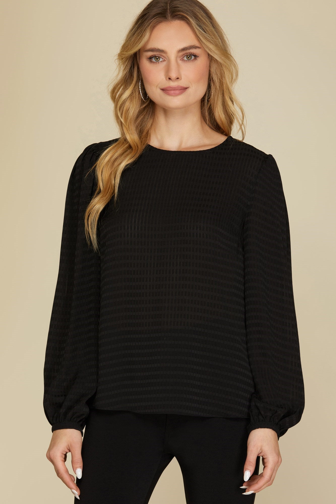 Chic Charm Long Puff Sleeve Textured Woven Top