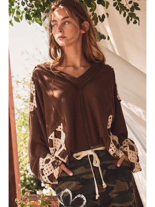Boho Patchwork Crochet Sleeve Waffle Knit Top