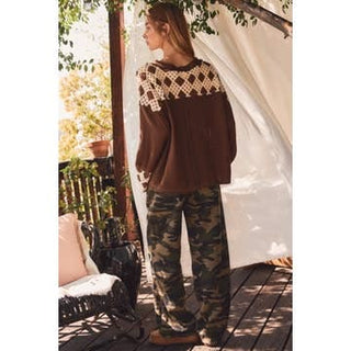 Boho Patchwork Crochet Sleeve Waffle Knit Top