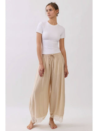 Boho Crinkled Wide Leg Pants – Delicate Lace Hem Edition