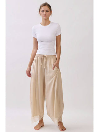 Boho Crinkled Wide Leg Pants – Delicate Lace Hem Edition