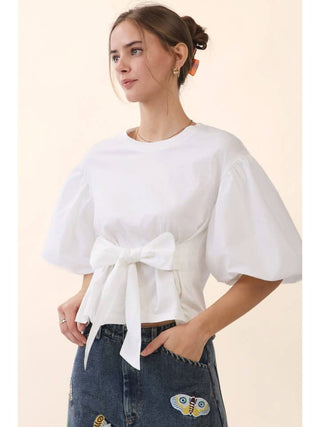 Poplin Puff Sleeve Tie-Front Blouse - Plus