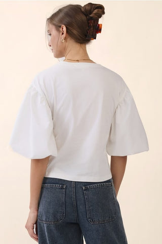 Poplin Puff Sleeve Tie-Front Blouse - Plus