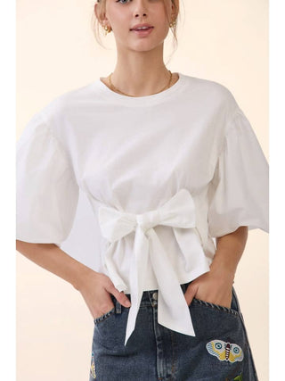 Poplin Puff Sleeve Tie-Front Blouse