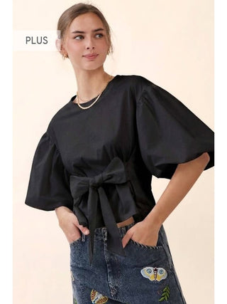 Poplin Puff Sleeve Tie-Front Blouse - Plus