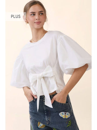 Poplin Puff Sleeve Tie-Front Blouse - Plus