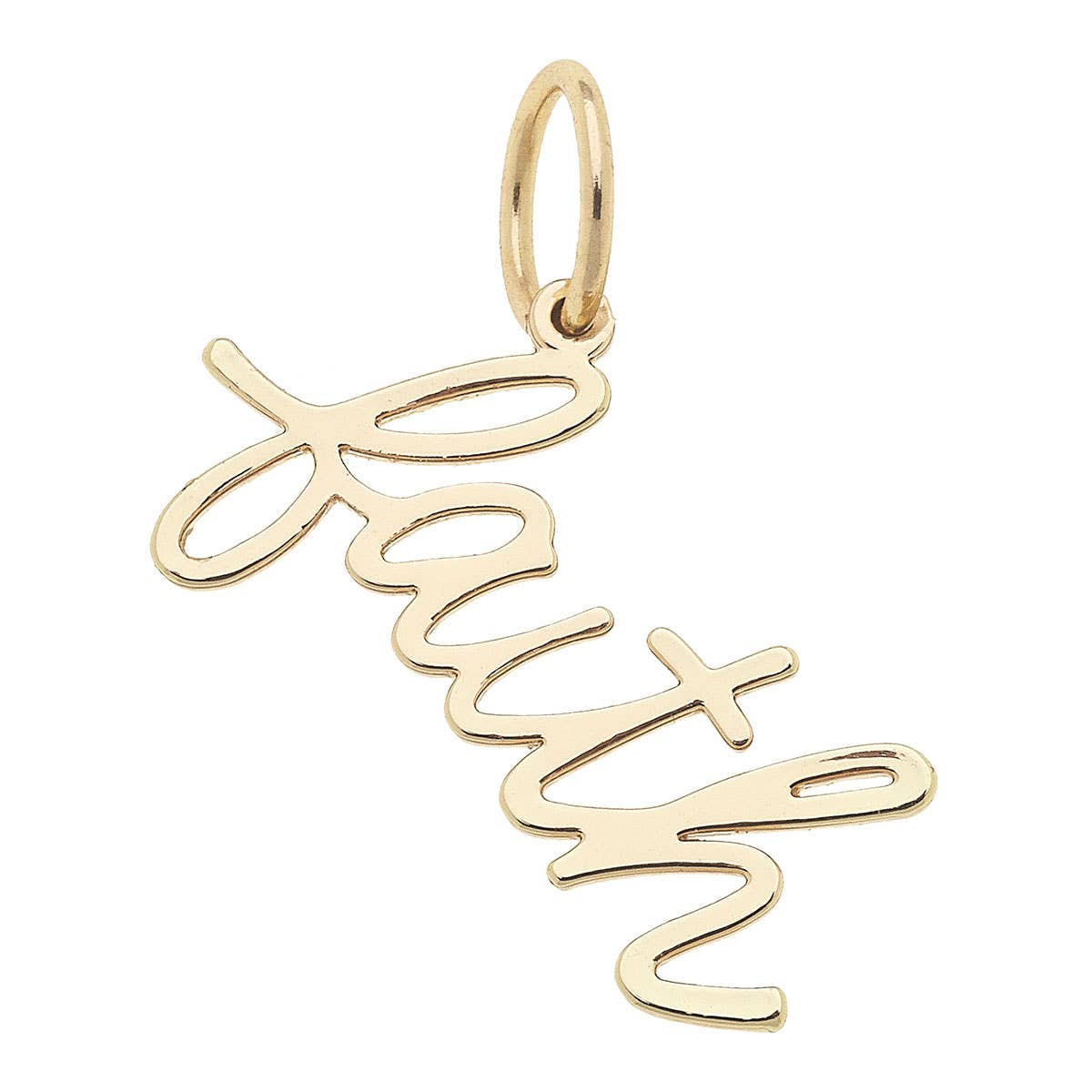 Gold “Faith” cursive script charm pendant with polished finish.