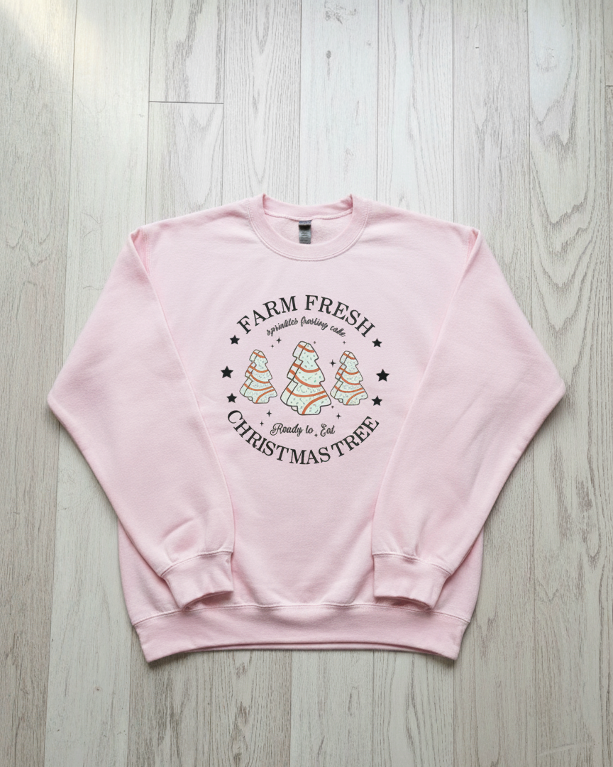 Pink sweatshirt with frosted Christmas tree cookie design reading “Farm Fresh Christmas Tree” – The Pink Doxie Boutique