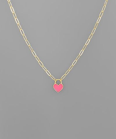Gold chain necklace with pink heart lock charm, photographed for The Pink Doxie Boutique.