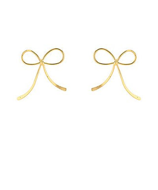 Gold layered bow stud earrings with open ribbon design on a white background from The Pink Doxie Boutique.