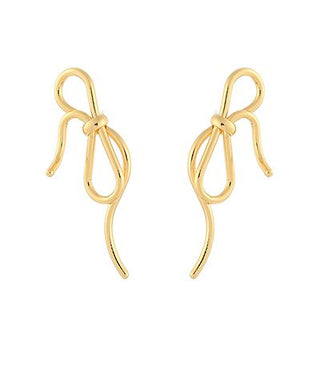 Gold bow and wavy tail earrings with a delicate flowing design displayed on a white background from The Pink Doxie Boutique.