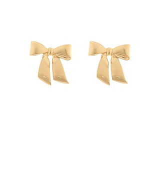 Gold ribbon bow stud earrings with polished finish on a white background from The Pink Doxie Boutique.