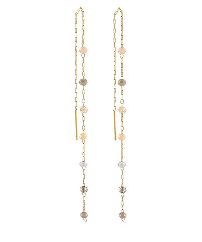 Gold-tone threader earrings with delicate glass bead accents hanging in a vertical row on a white background from The Pink Doxie Boutique.