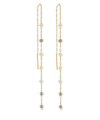 Gold-tone threader earrings with delicate glass bead accents hanging in a vertical row on a white background from The Pink Doxie Boutique.