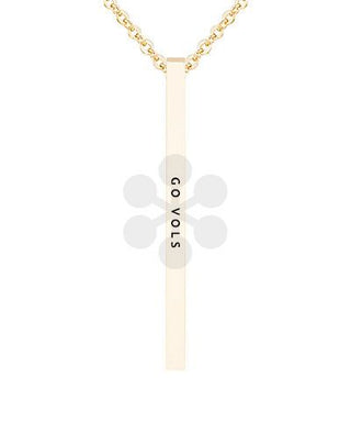 Gold-tone vertical bar necklace engraved with Go Vols, photographed for The Pink Doxie Boutique.