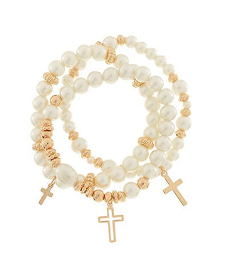 3 Row Pearl & Cross Charm Bracelet