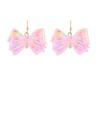Acrylic pink ribbon bow earrings with faux pearl accent and fish hook closure from The Pink Doxie Boutique.