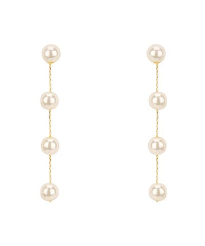 Gold dipped linear drop earrings featuring a vertical row of 6mm faux pearls on a white background from The Pink Doxie Boutique.