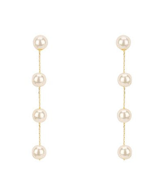 Gold dipped linear drop earrings featuring a vertical row of 6mm faux pearls on a white background from The Pink Doxie Boutique.