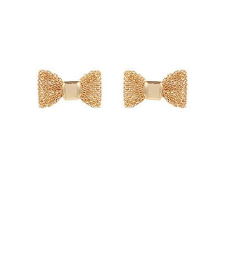 Gold bow tie stud earrings with textured metal finish displayed on a white background from The Pink Doxie Boutique.