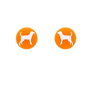 Orange acrylic disk stud earrings featuring a white hound dog silhouette displayed on a white background from The Pink Doxie Boutique.