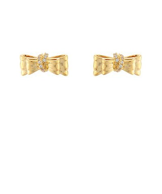 Gold-tone bow stud earrings with a cubic zirconia crystal accent on a white background from The Pink Doxie Boutique.