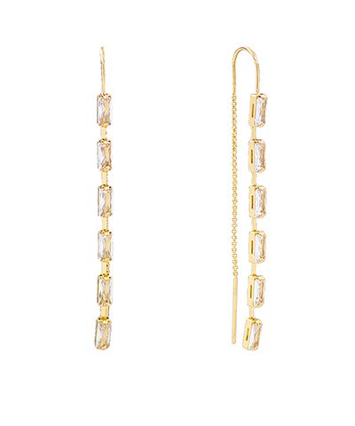 Baguette chain threader earrings with cubic zirconia in gold and rhodium finishes, photographed for The Pink Doxie Boutique.
