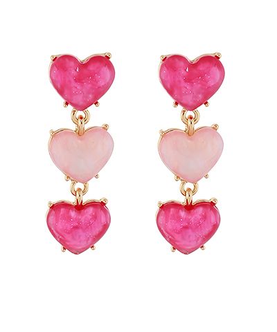 Pink heart three-drop earrings featuring cascading acetate hearts in light pink and hot pink from The Pink Doxie Boutique.