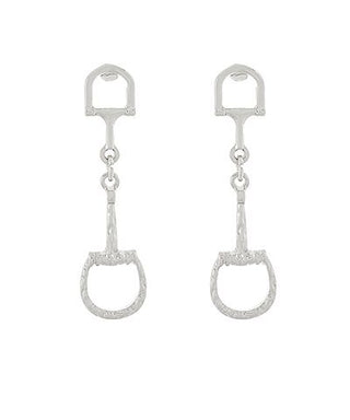 Horsebit dangle earrings in gold and rhodium finishes with equestrian-inspired design, photographed for The Pink Doxie Boutique.