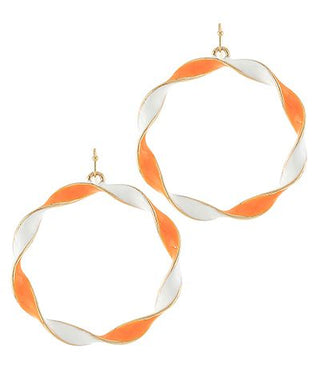 Orange and white twisted hoop earrings with epoxy finish, Tennessee gameday-inspired jewelry photographed for The Pink Doxie Boutique.