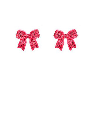 Crystal bow stud earrings in red, light pink, and hot pink displayed on a white background from The Pink Doxie Boutique.