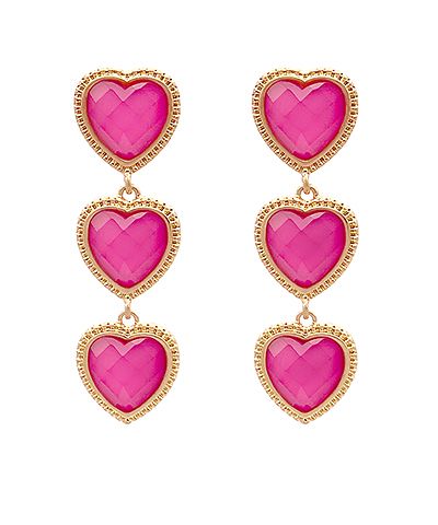 Pink framed heart three-drop earrings with gold-tone metal frames and post back closure from The Pink Doxie Boutique.