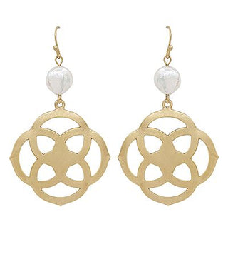 Gold-tone geometric drop earrings with faux pearl accents on a white background from The Pink Doxie Boutique.